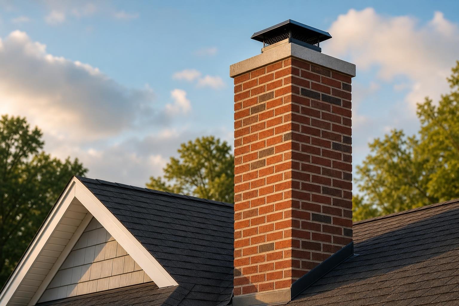 Well-maintained red brick residential chimney on a rooftop