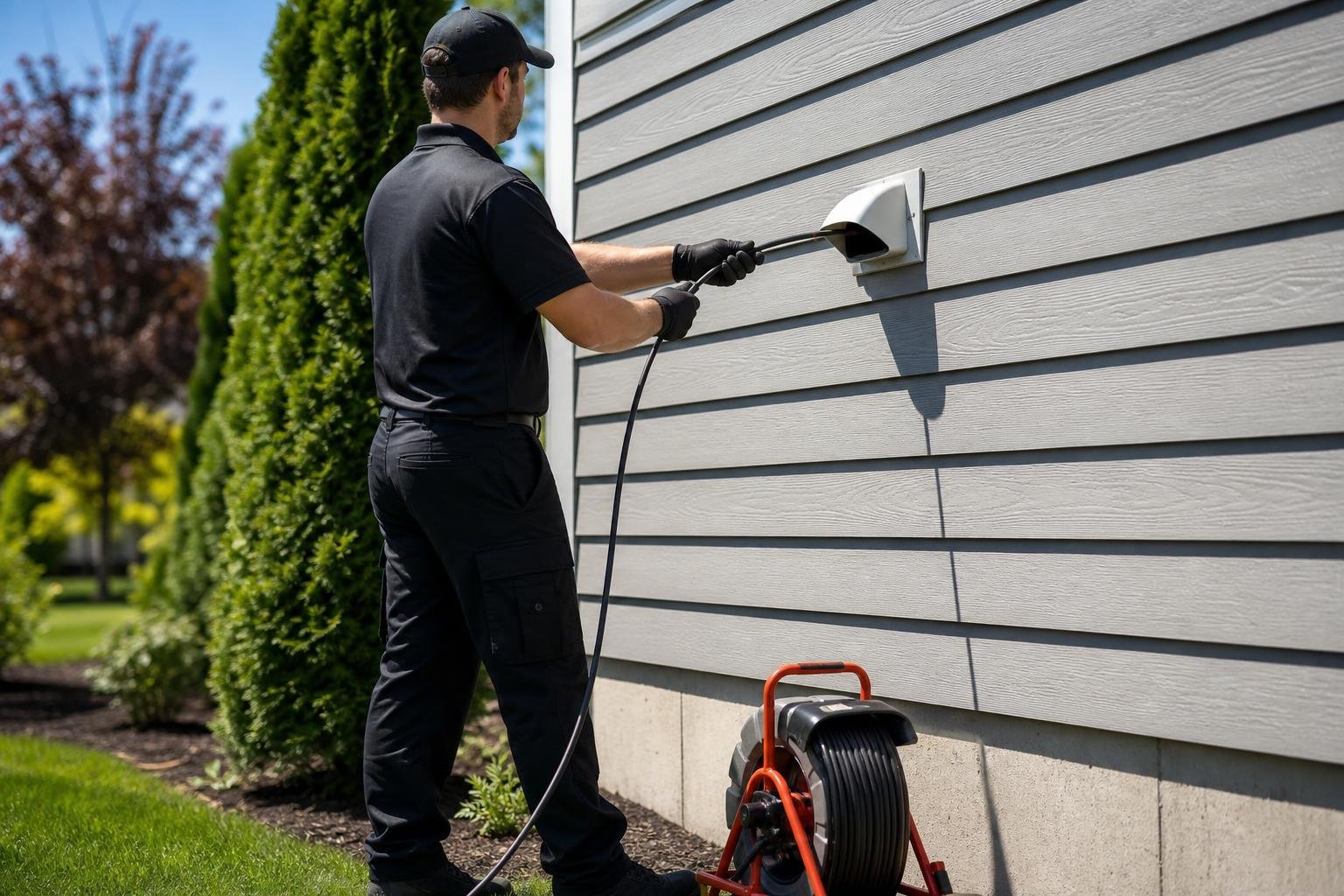 Technician cleaning an exterior dryer vent hood