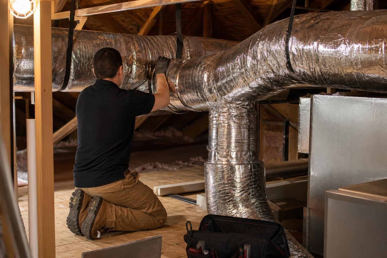 Technician installing clean insulated ductwork in a residential attic