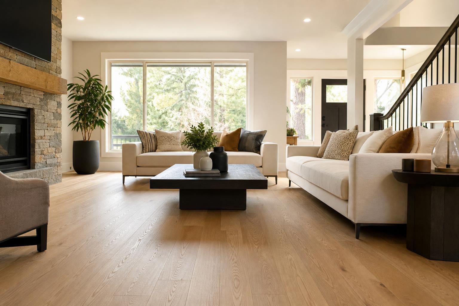 Bright living room with freshly installed light hardwood flooring