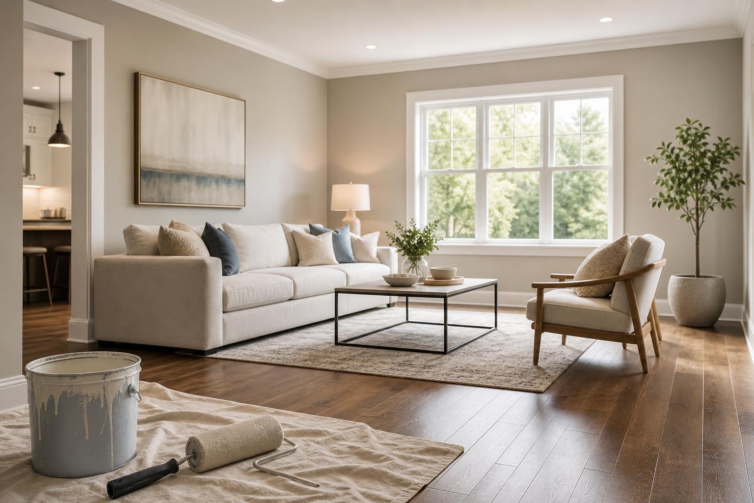 Bright, freshly painted modern living room interior