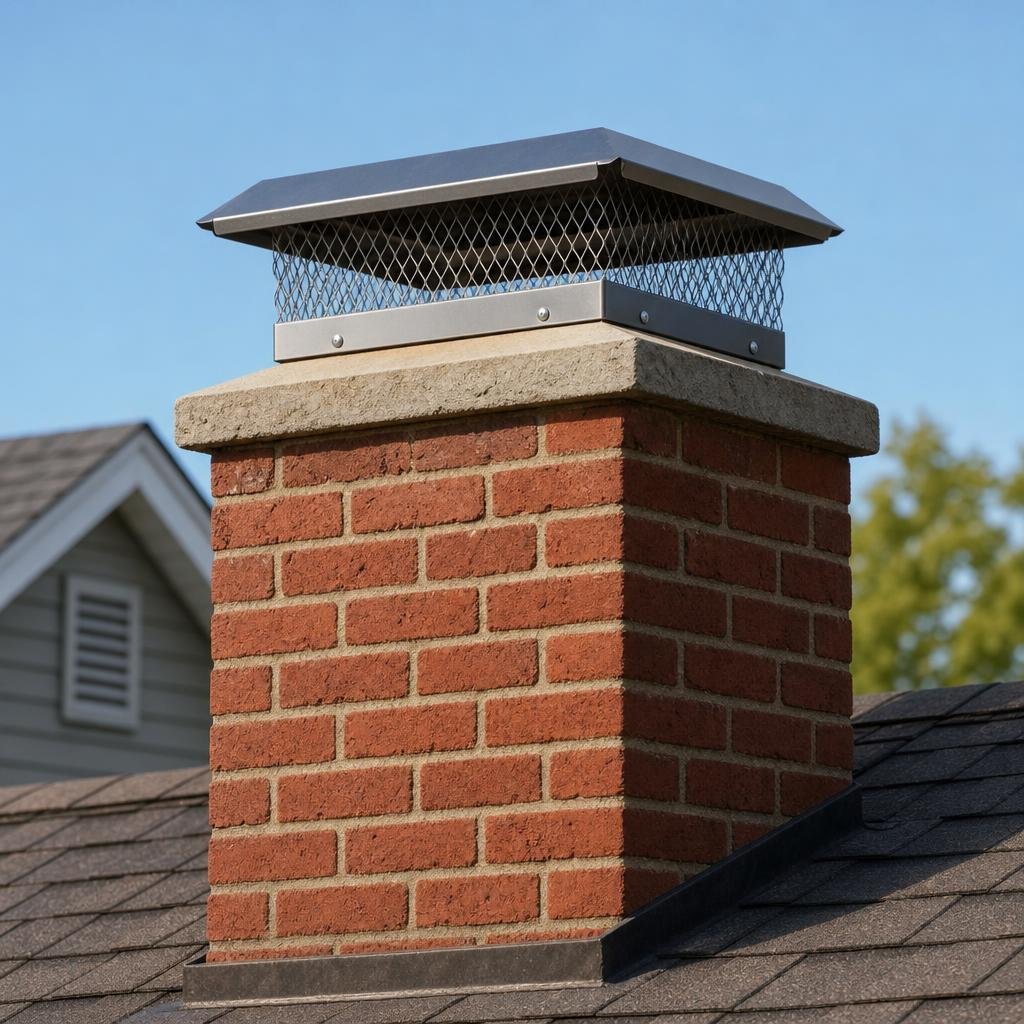 Rooftop chimney with a metal mesh chimney cap installed