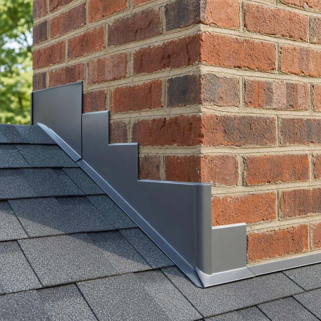 Close-up of properly installed chimney flashing on a roofline
