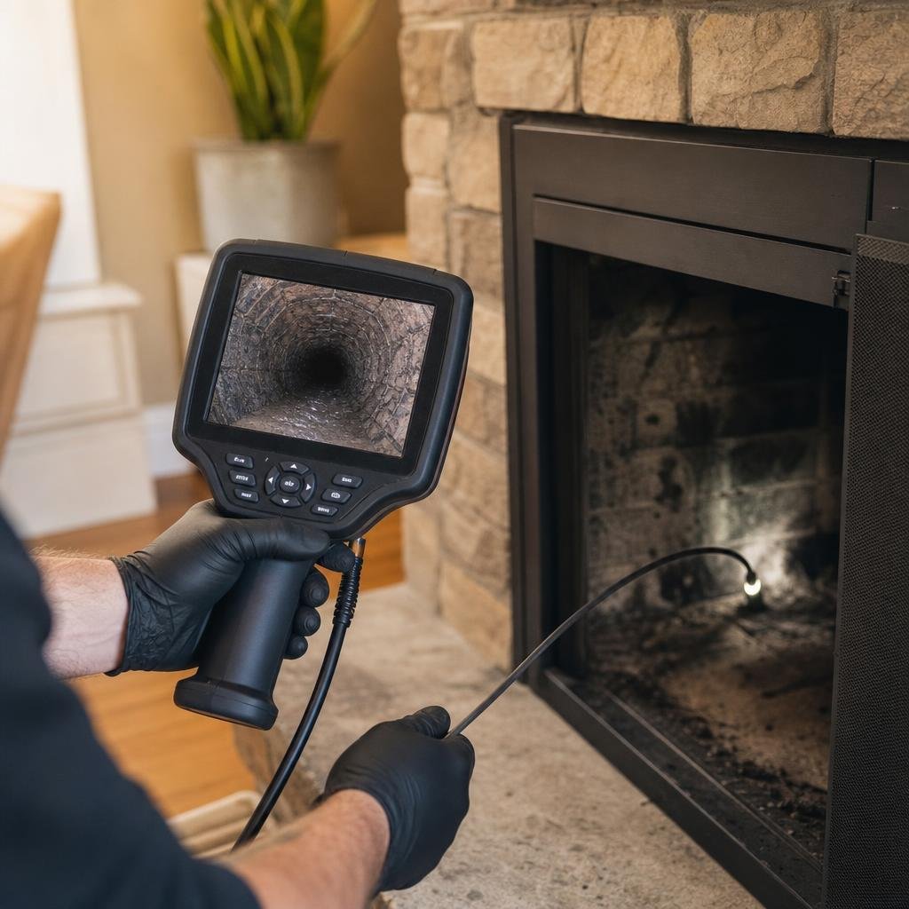 Technician reviewing a chimney inspection camera monitor