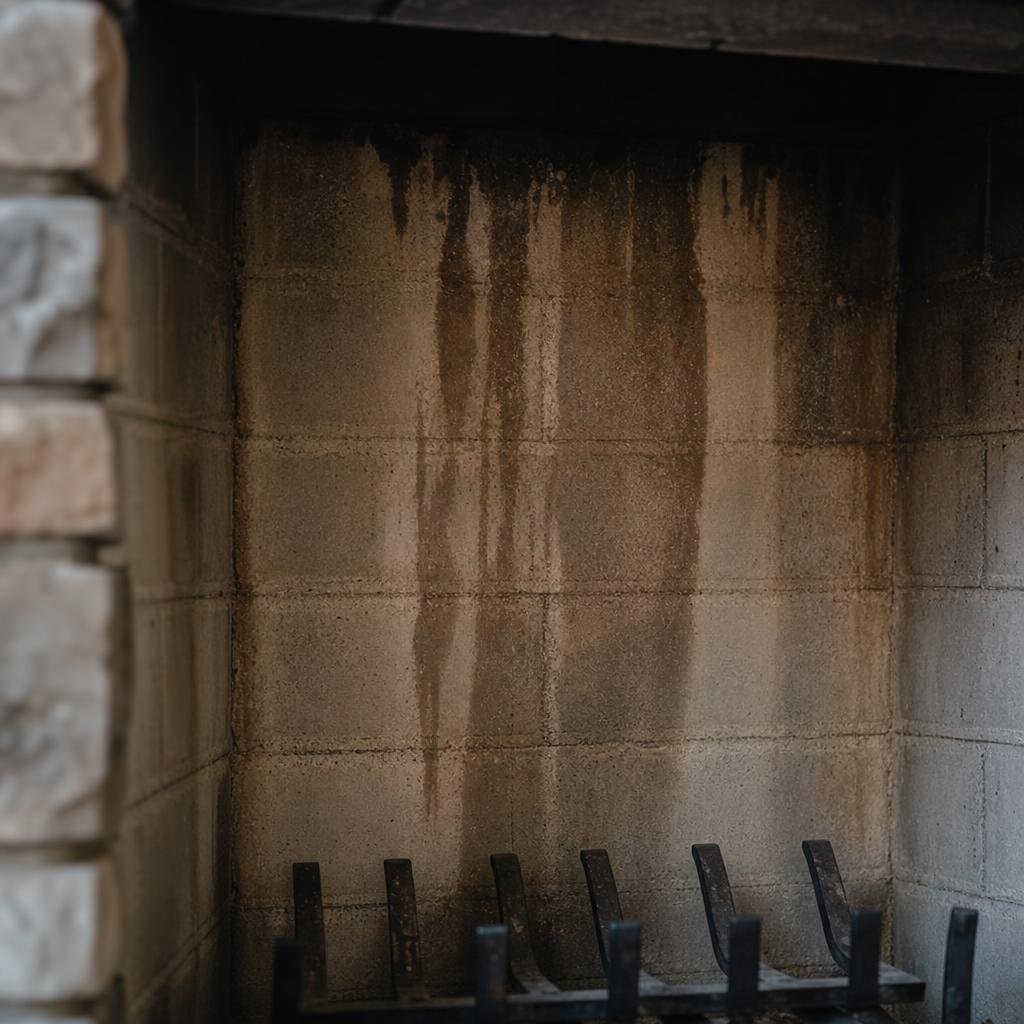 Water-stained interior chimney firebox wall