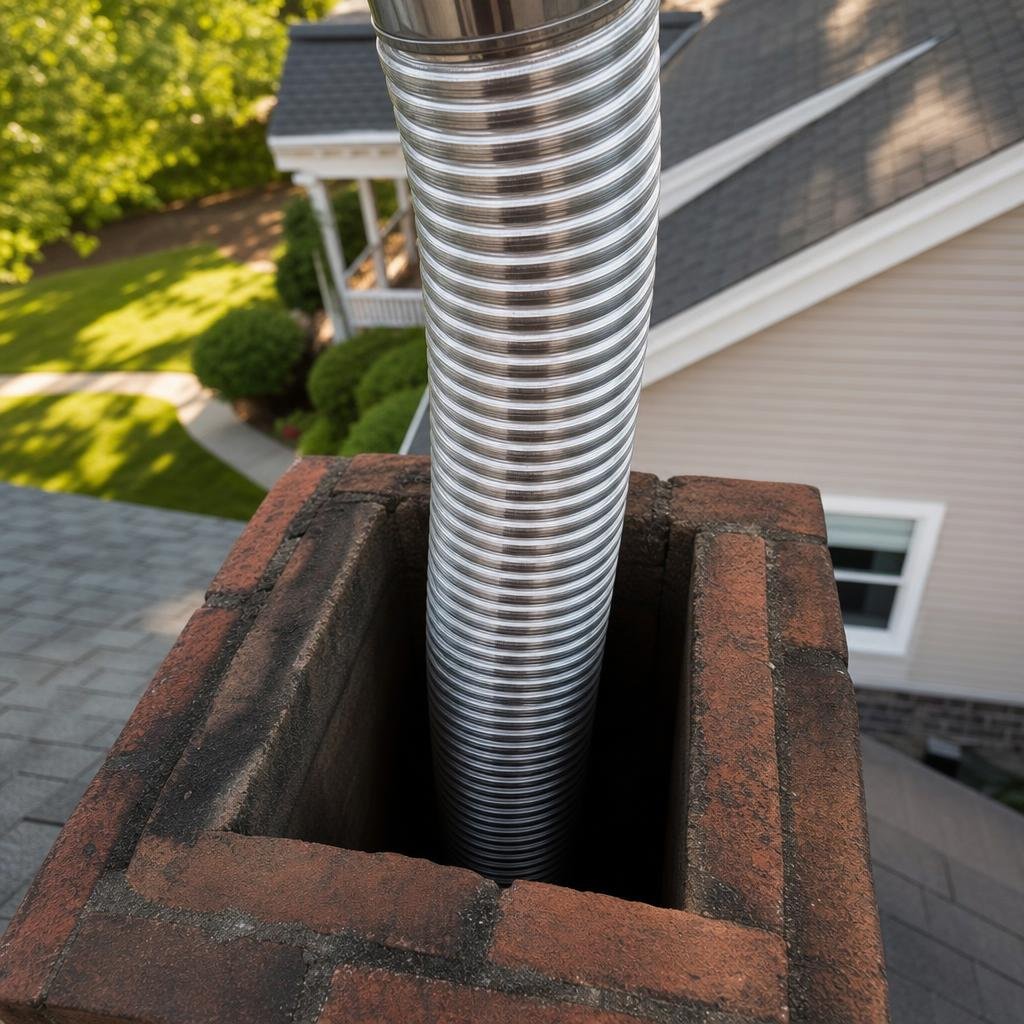 Flexible stainless steel chimney liner being lowered into a flue