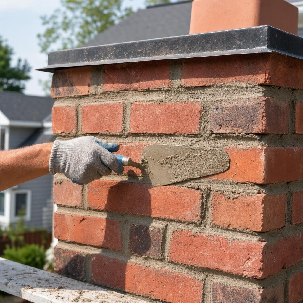 Mason repairing brick masonry on a chimney