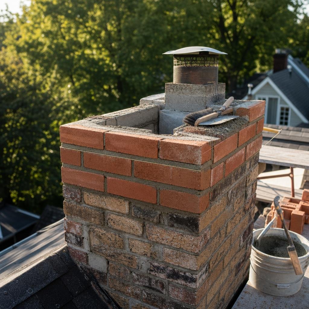 Brick chimney partway through a rebuild on a rooftop