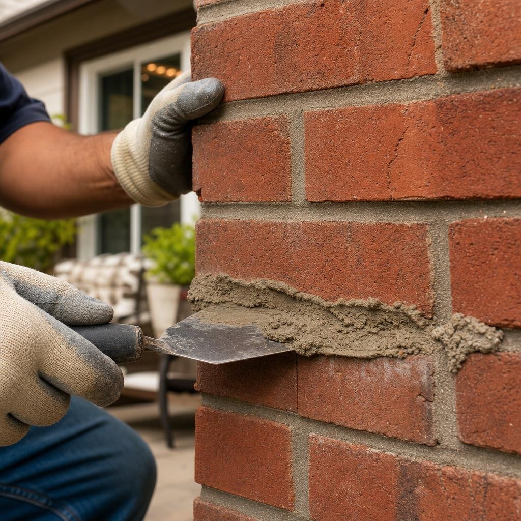 Mason repointing mortar joints on a brick chimney