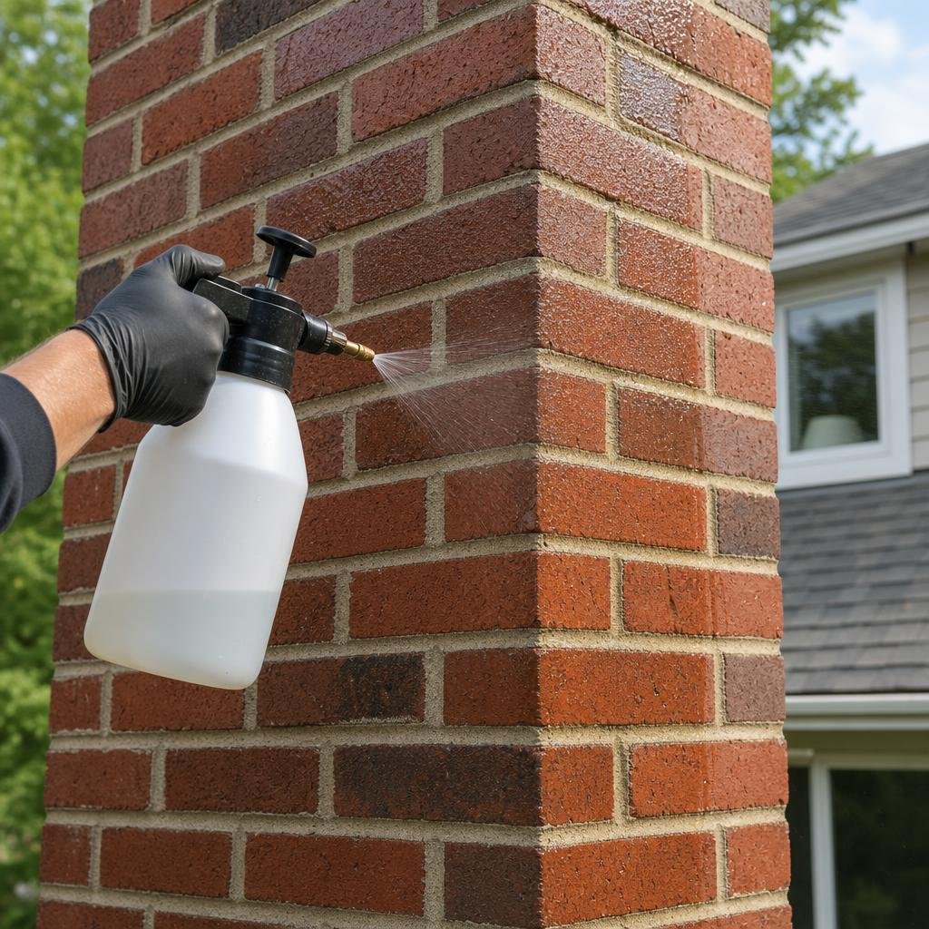 Water-repellent sealant being applied to a brick chimney exterior