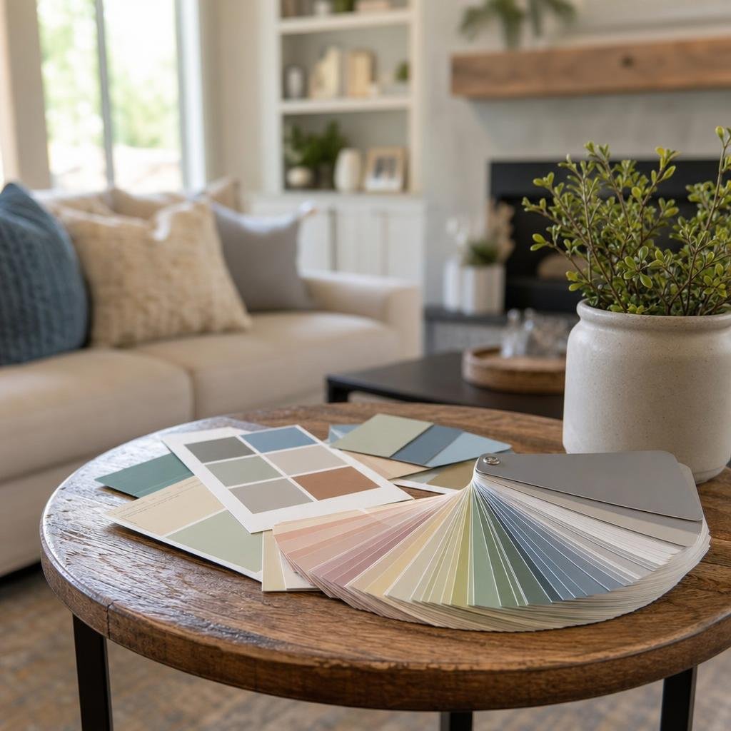 Paint color swatches arranged for a color consultation