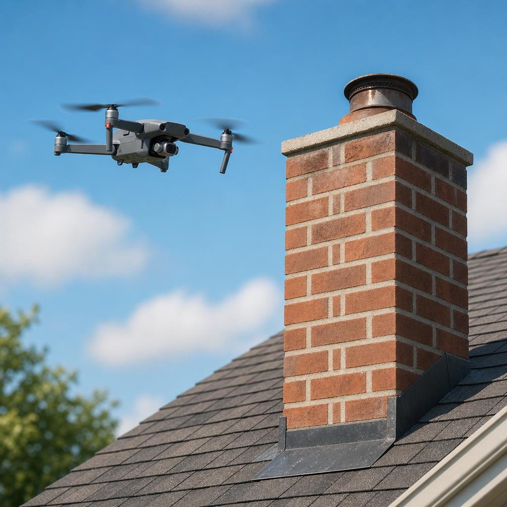 Inspection drone hovering near a residential brick chimney
