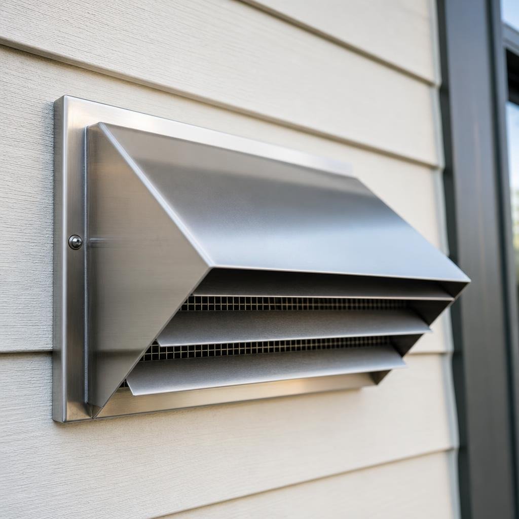 Metal bird and pest guard vent hood installed on exterior siding