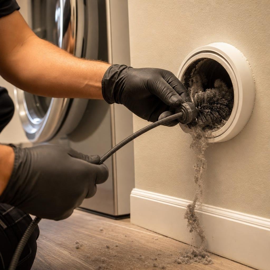 Technician cleaning lint from a dryer vent with a rotary brush rod