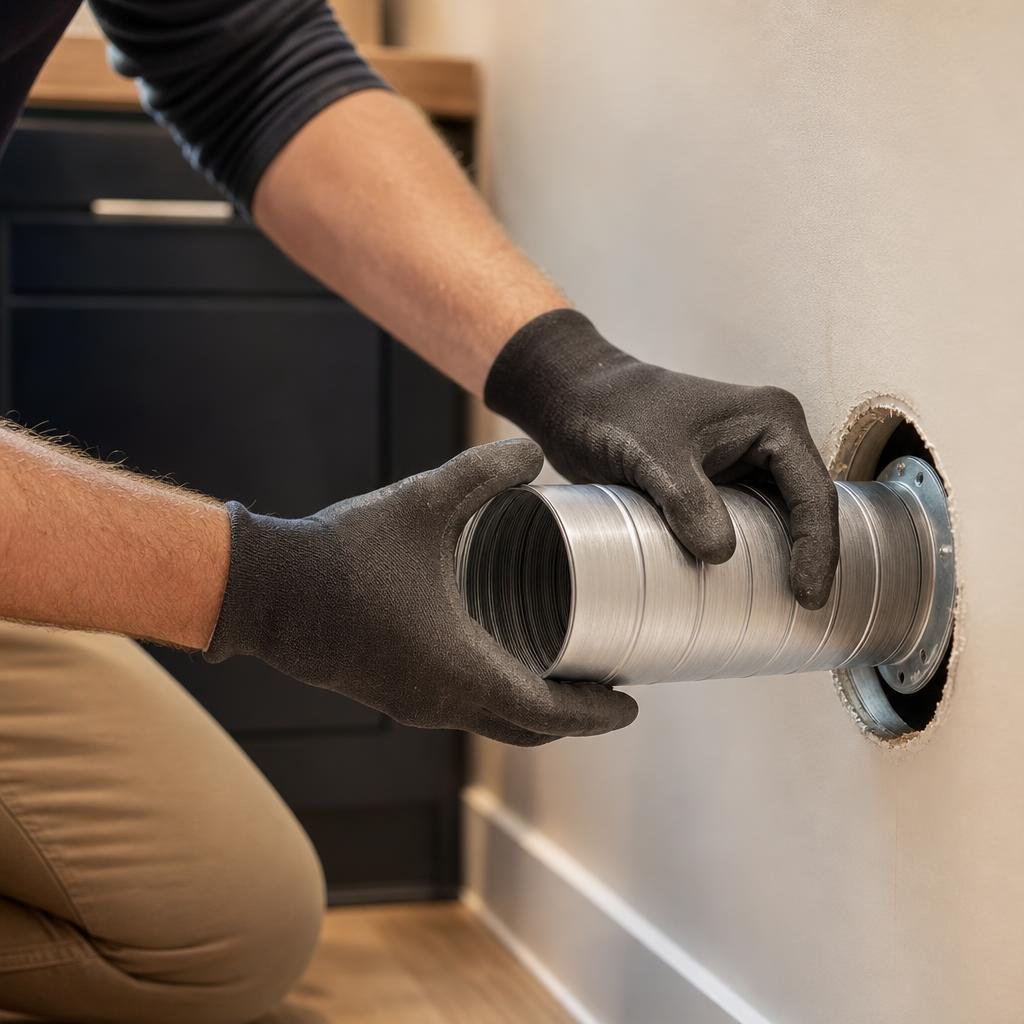 Technician installing a new dryer vent duct through an exterior wall