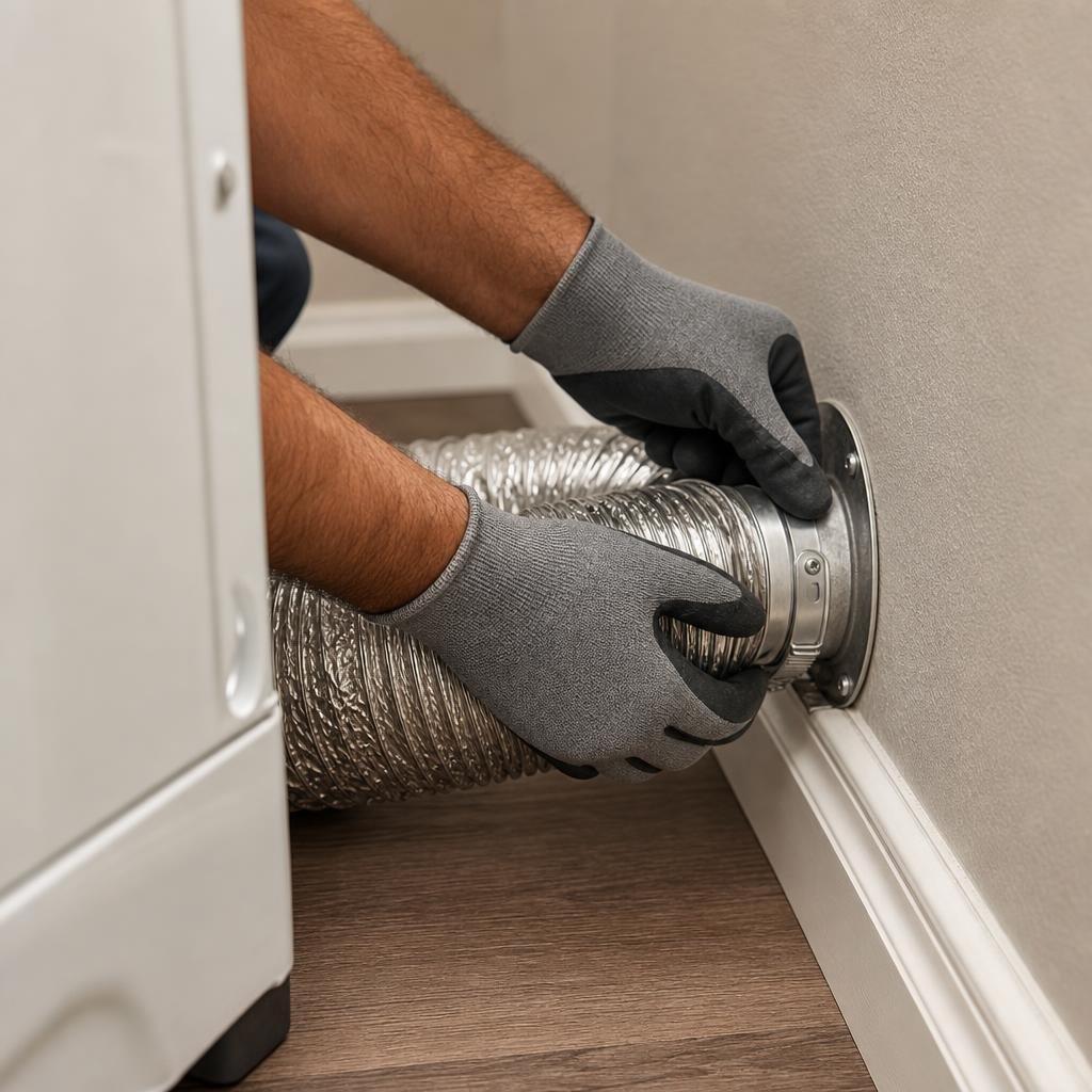 Technician repairing and reconnecting a dryer vent duct section
