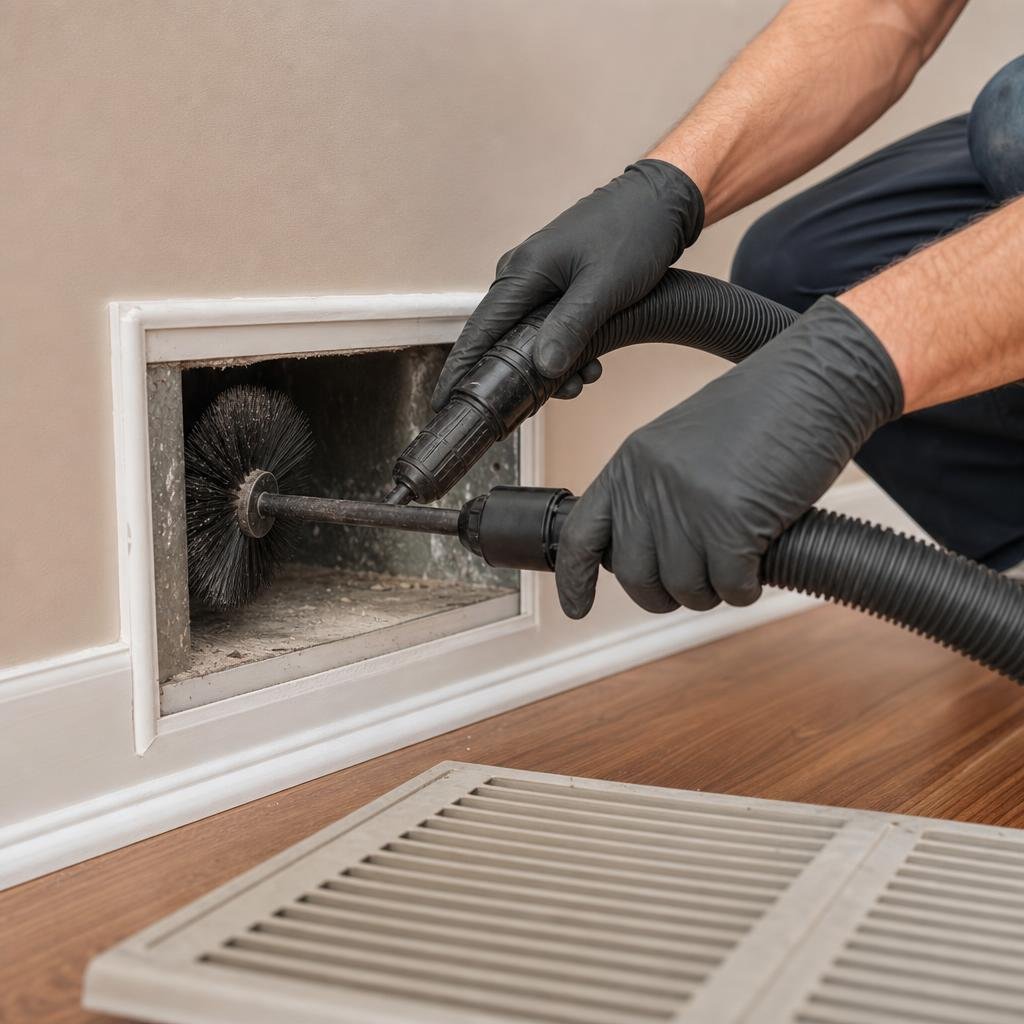 Technician cleaning inside an air duct register