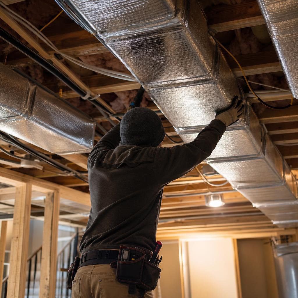 New insulated ductwork installed in an unfinished basement ceiling