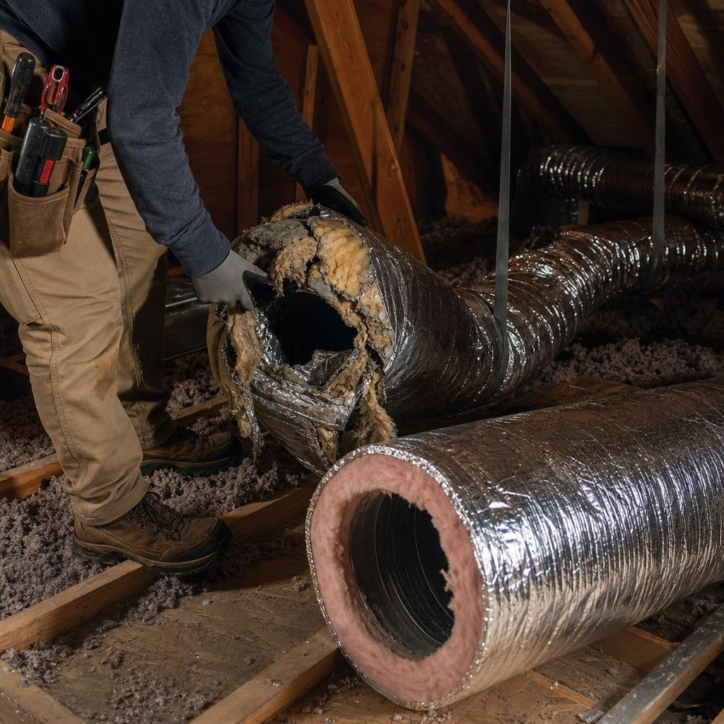Technician replacing a crushed duct section in a residential attic