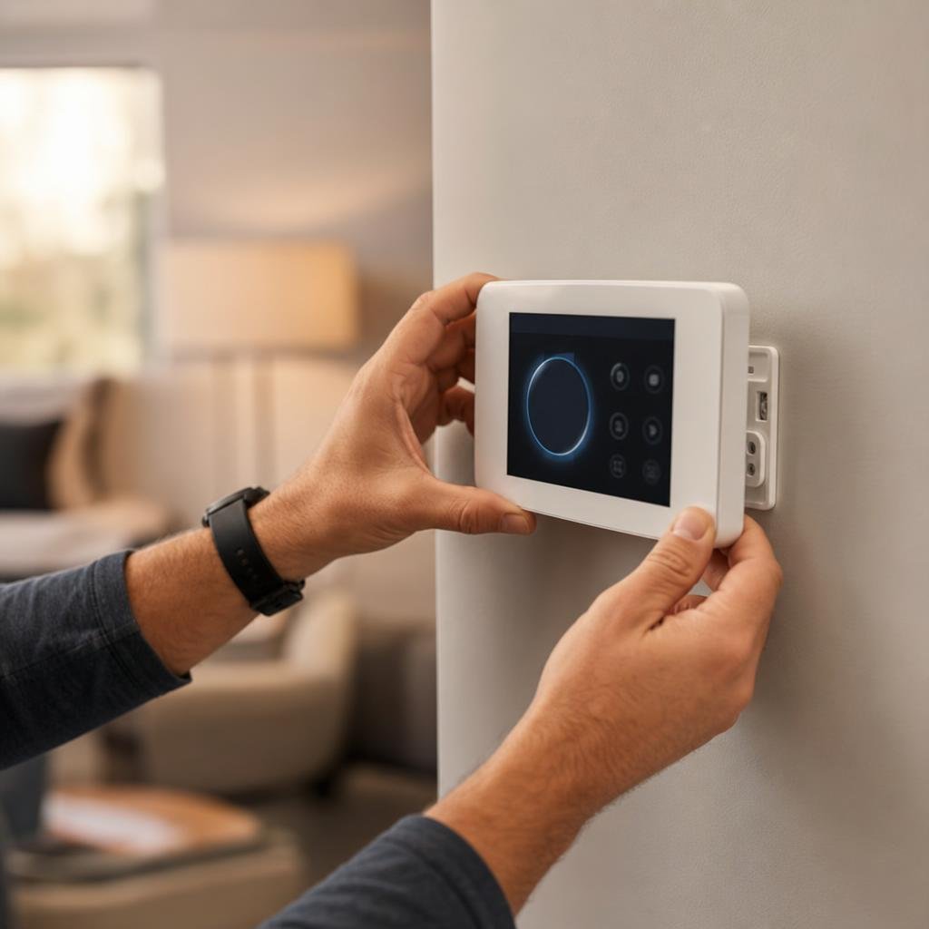Technician installing a digital zoning thermostat control panel