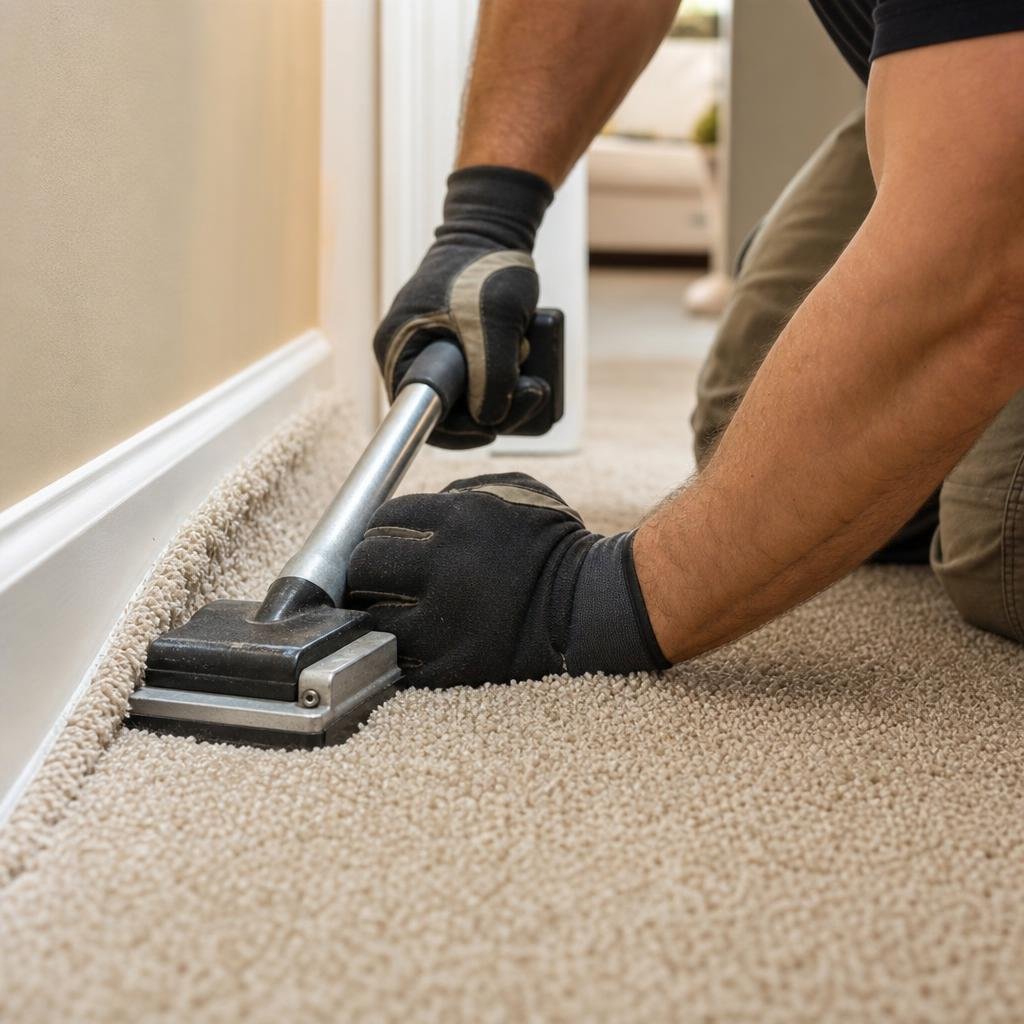 Installer stretching and fitting new carpet