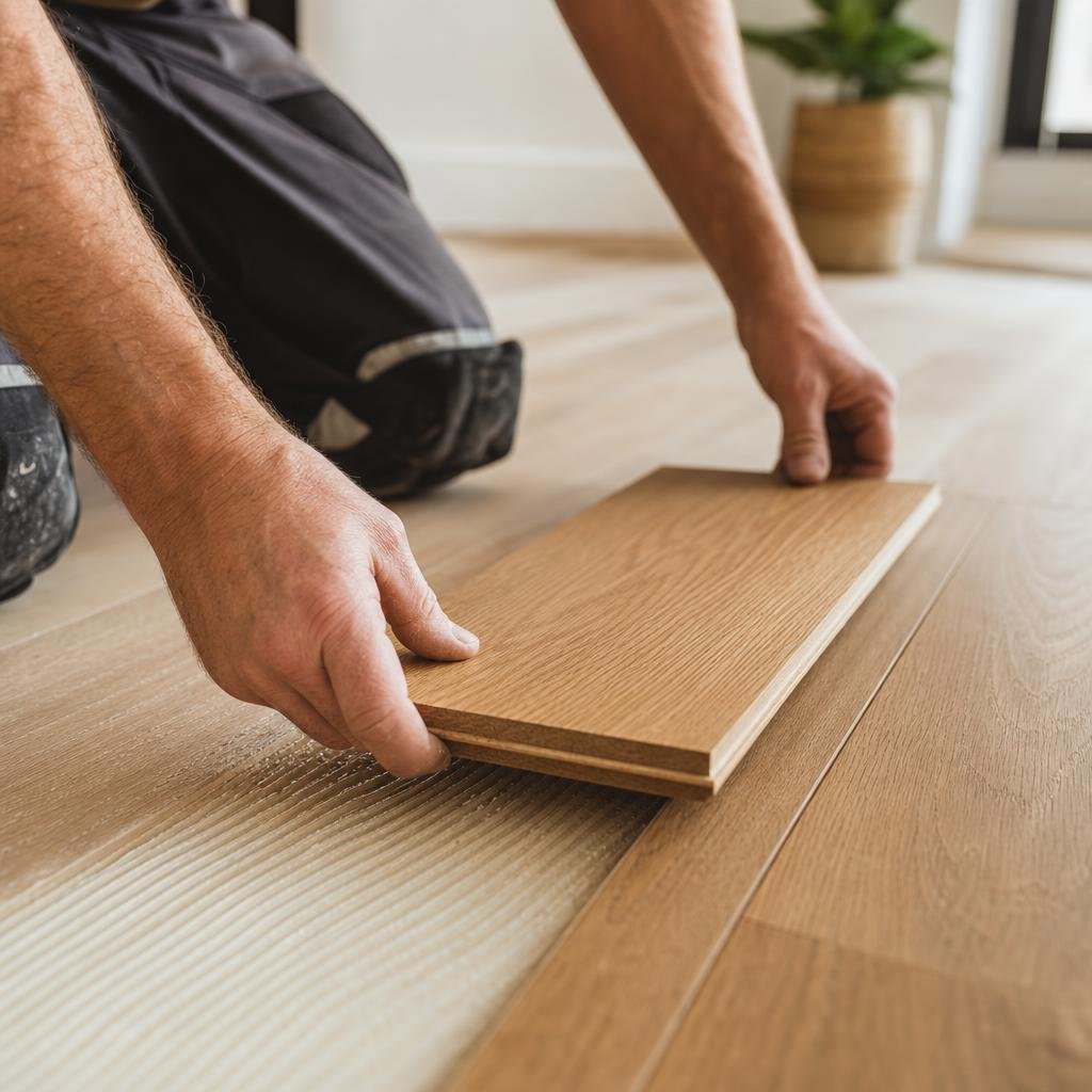 Installer fitting a new solid hardwood plank