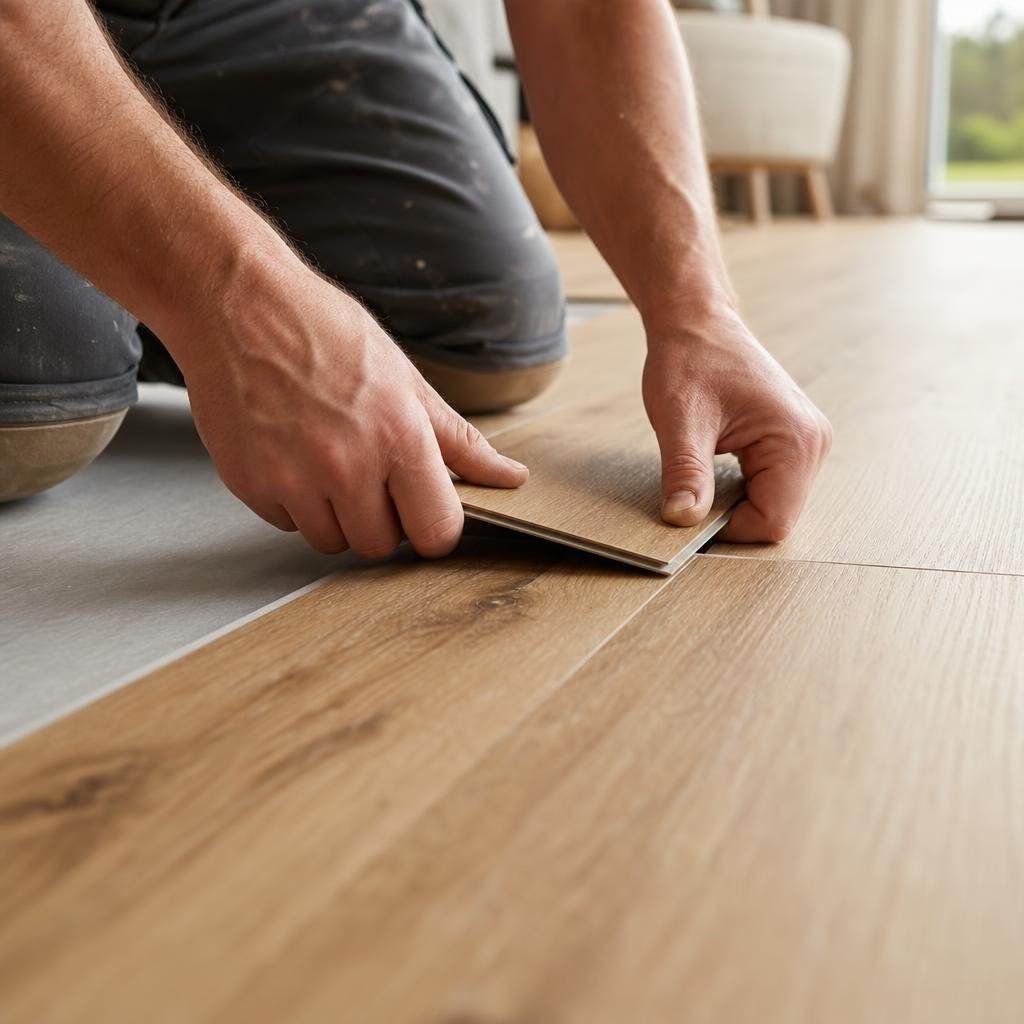 Installer clicking a vinyl plank into place