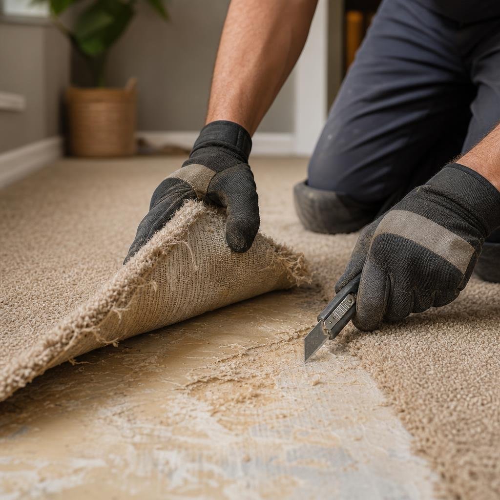 Old carpet being pulled up to expose the subfloor