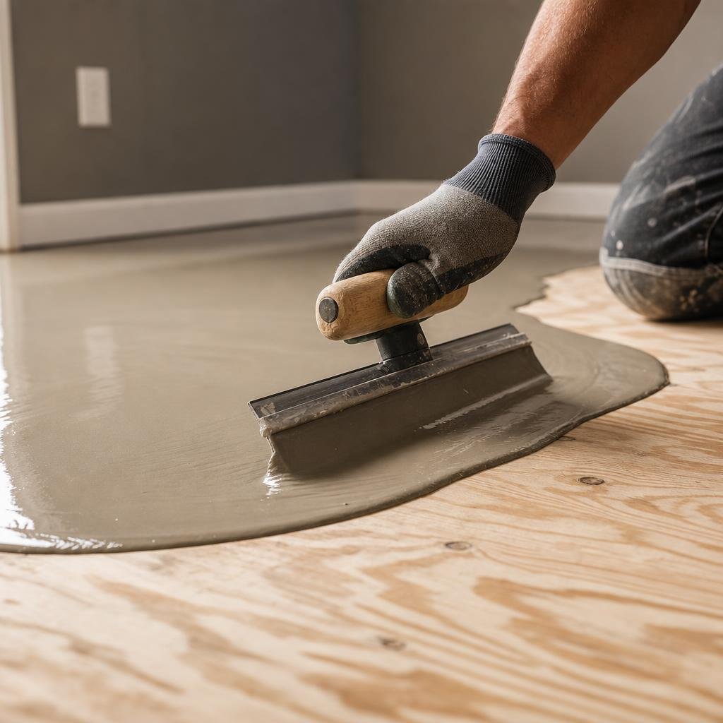 Trowel spreading self-leveling compound on a bare subfloor