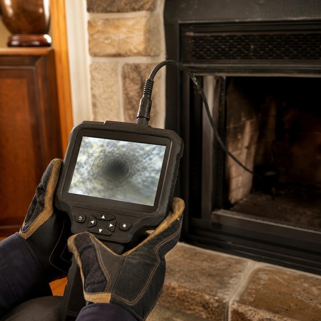 Technician reviewing a chimney flue camera inspection monitor