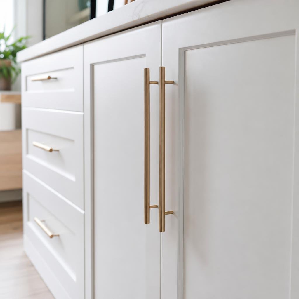 Freshly painted white kitchen cabinet doors