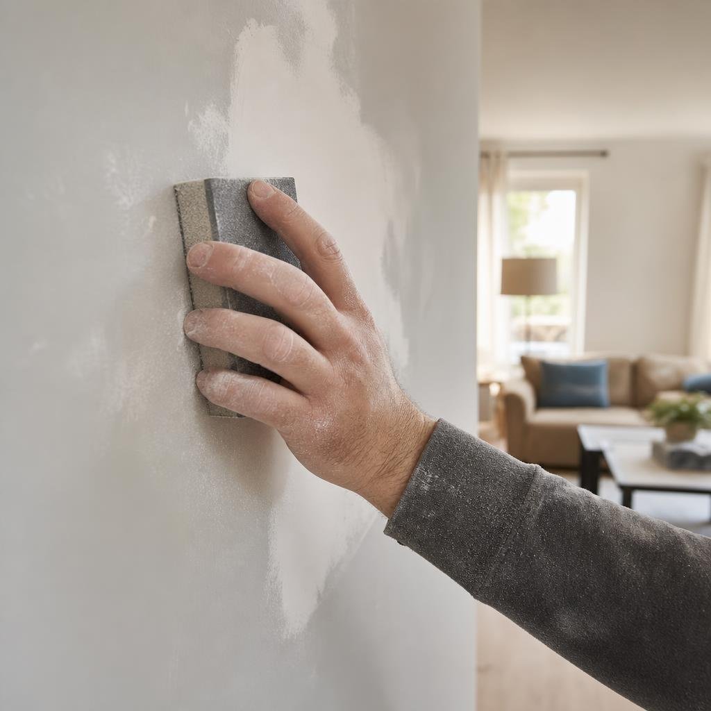 Hand sanding a patched section of drywall