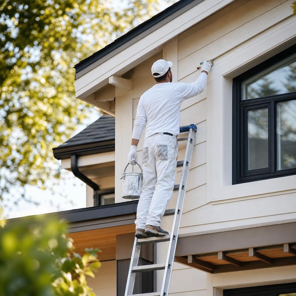 Painter on a ladder applying exterior-grade paint to home siding