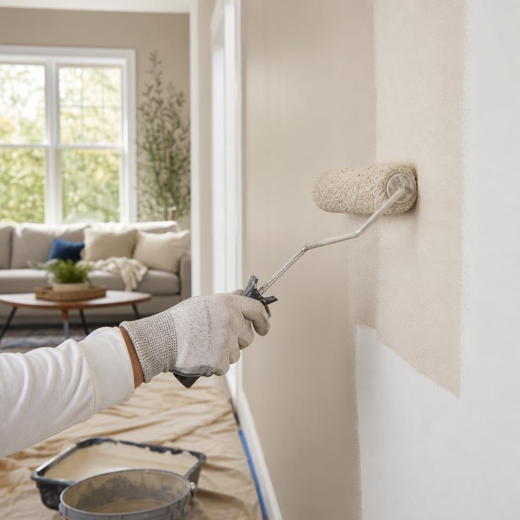 Painter rolling fresh paint onto an interior wall