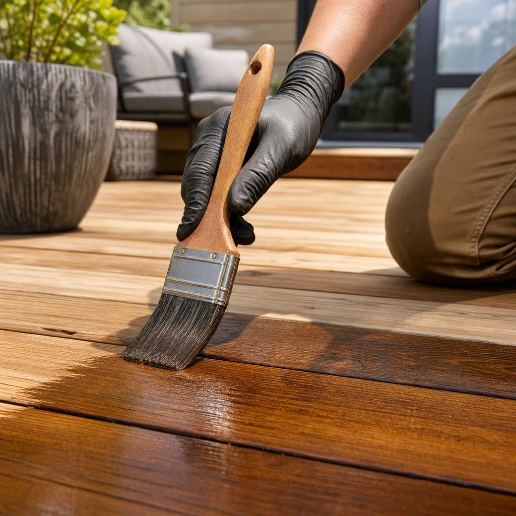 Applying fresh wood stain to a backyard deck