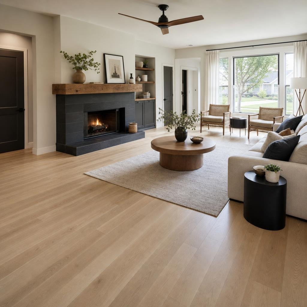 Freshly installed hardwood flooring after replacement