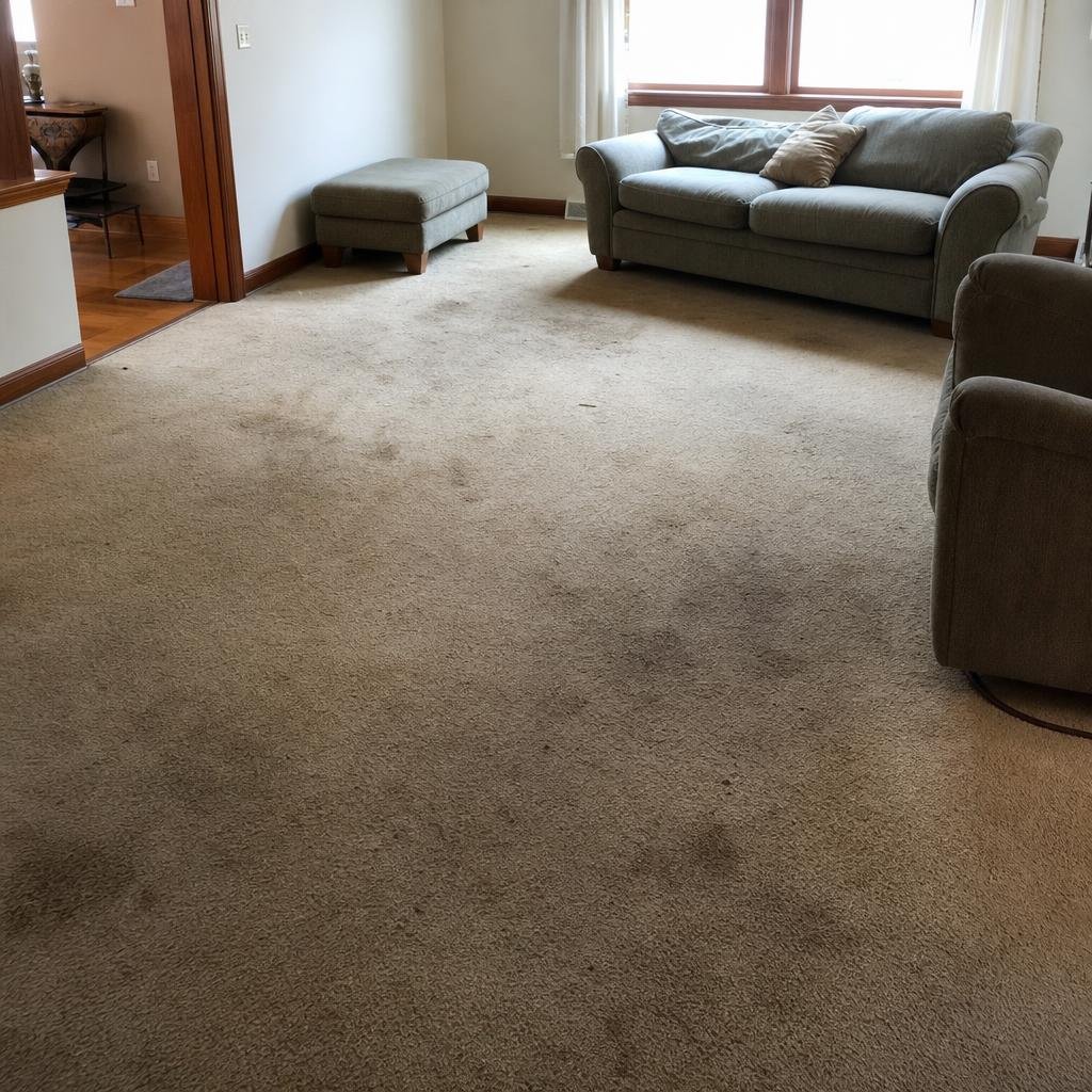 Worn, dated carpet before flooring replacement