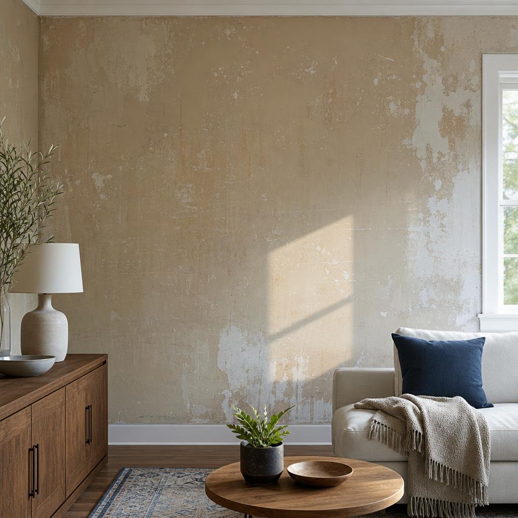 Scuffed, faded interior wall paint before repainting