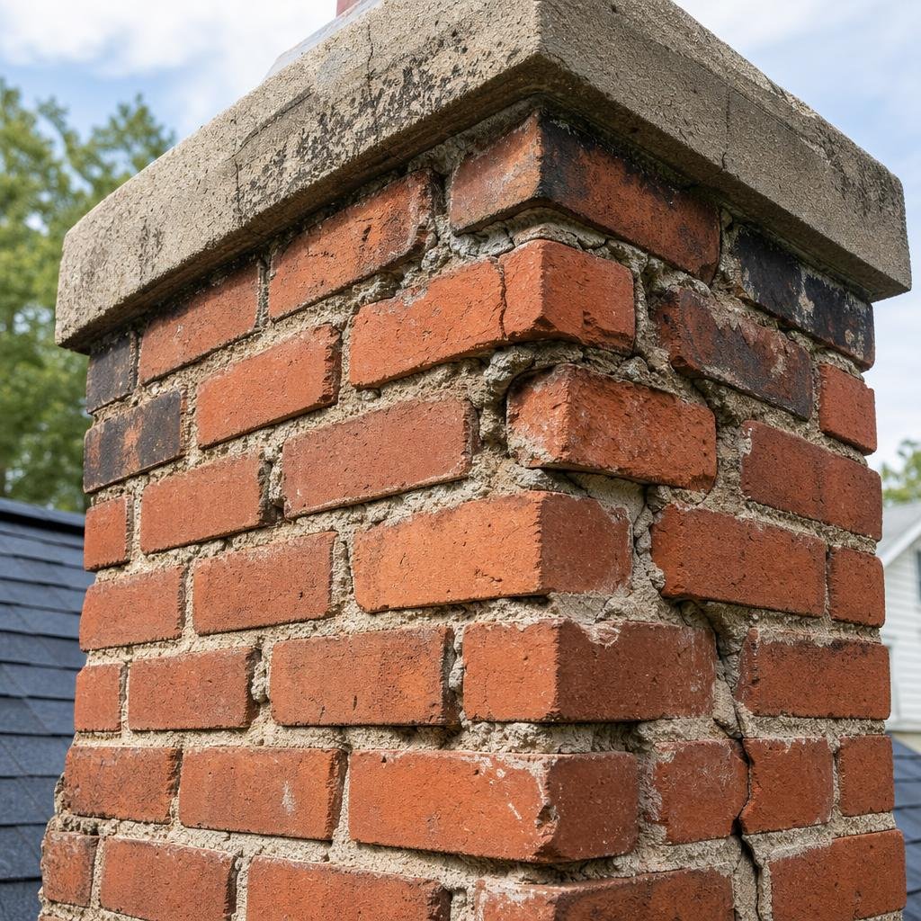 Cracked, deteriorated chimney masonry before repair